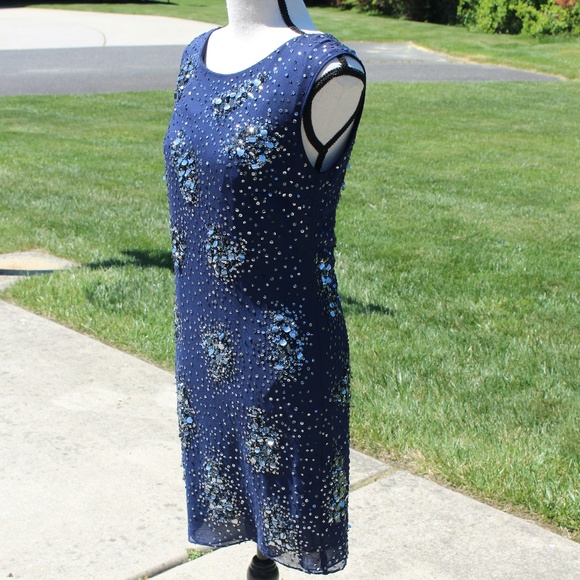 Badgley Mischka navy blue sleeveless sequin dress..... - Picture 2 of 11
